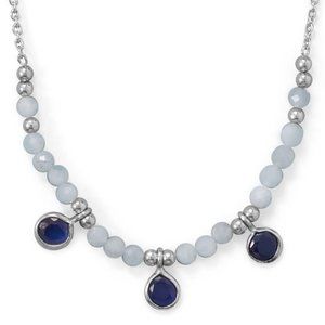 Rhodium Plated Sterling Silver Aquamarine and Blue Quartz Necklace 21"+2"